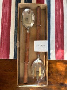 Pottery Barn NEW- Wood Handle Stainless Steel Serving Spoon and Fork Set